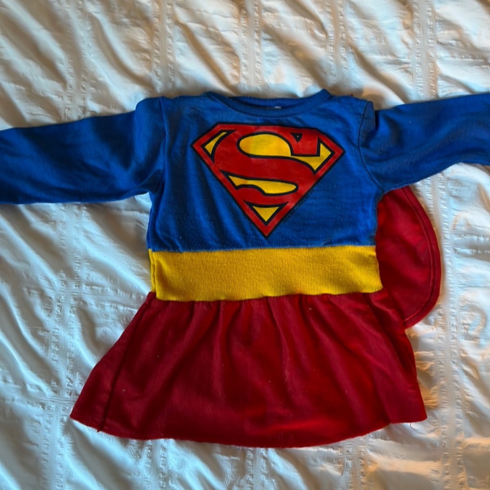 Vintage 1990s 2T Toddler Girl Superhero Dress Halloween Costume with Cape